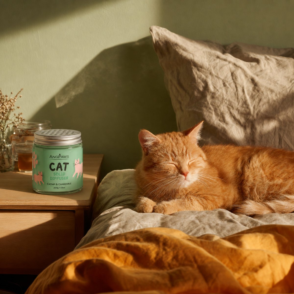 Cat sleeping next to an ANGPAWS Cat Solid Diffuser