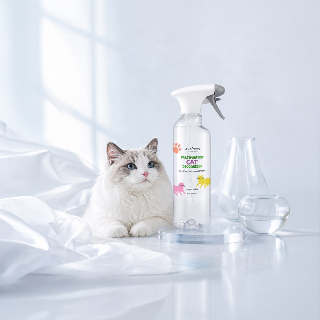 Ragdoll cat beside an ANGPAWS Cat Deodorizer spray